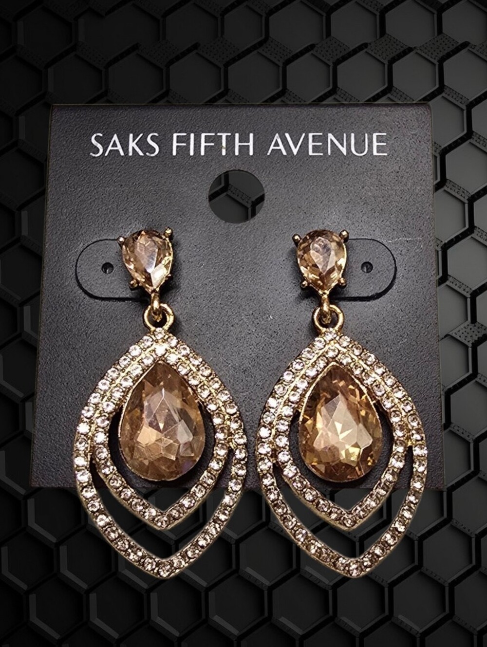 Saks Fifth Avenue Champagne Glass Crystal Teardrop Dangle Earrings